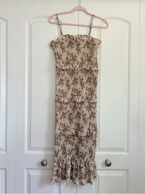 Frille Rose Floral Smocked Midi Dress Pink Cottagecore Romantic Ruffle M